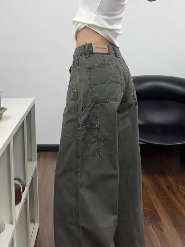 军绿色宽松阔腿工装牛仔裤女秋季复古高腰显瘦垂感百搭休闲拖地裤|undefined