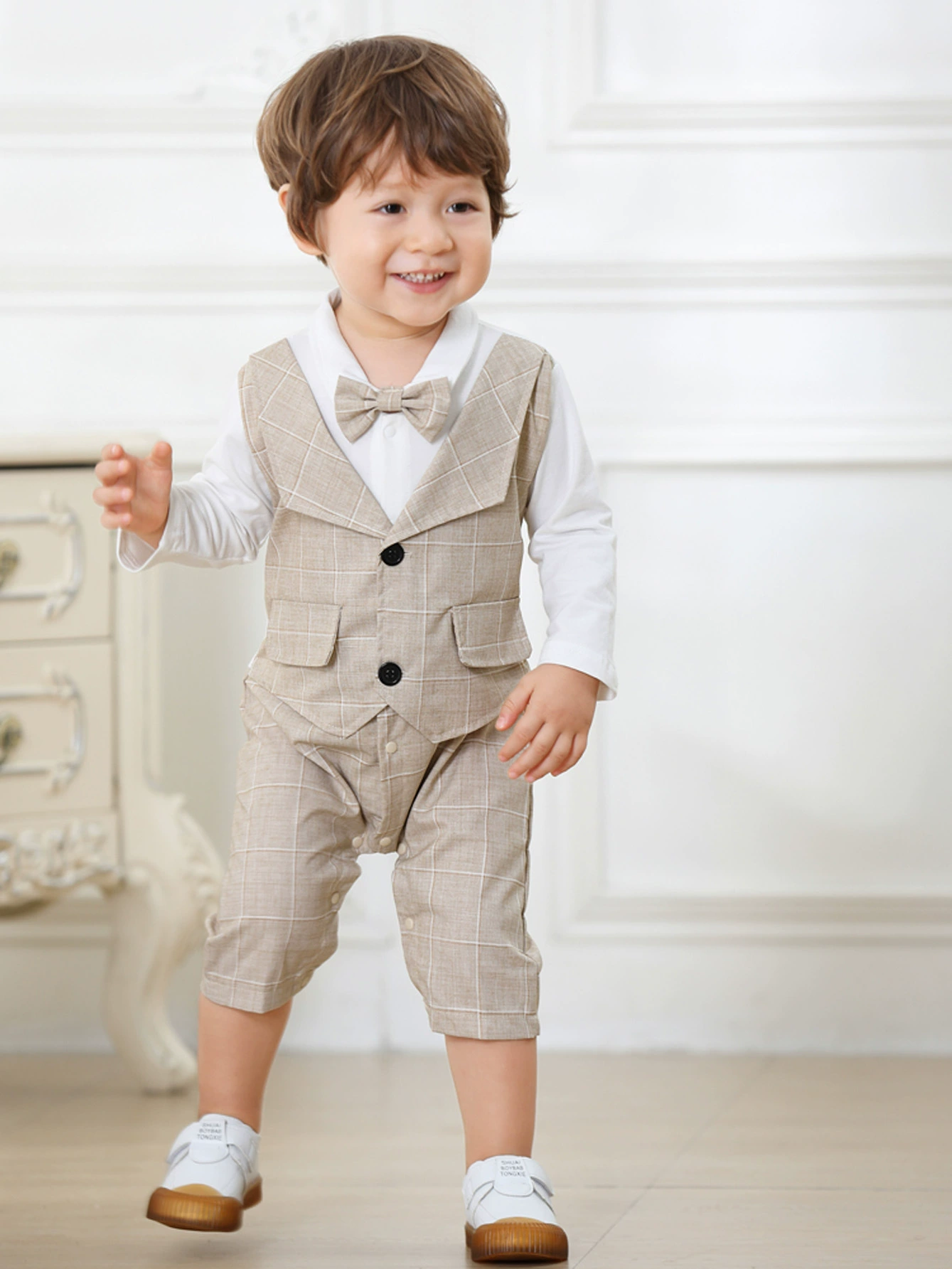 Spot cross -border spring and autumn new babies handsome connecting children's plaid fake two -piece fake