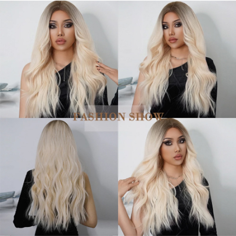 Cheveux synthétiques synthétiques, cheveux synthétiques teints en noir, couleur mixte, grande vague, cheveux bouclés minces féminins, bandeau mi-fendu pour femmes_voghion.com