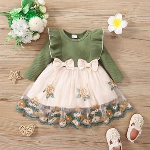 Cross-border INS Baby Girl Spring and Autumn Ruffled Long Sleeve Mosaic Flower Mesh Fashion Dress Trendy