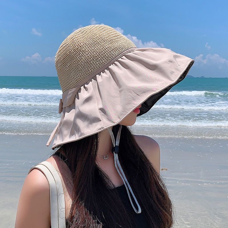 Summer new style big brim black glue hollow hat simple Japanese sweet breathable women's beach sun hat fisherman basin hat