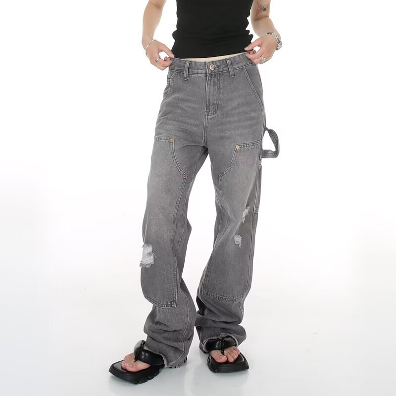Cross-Border High Street Patchwork Lumberjack Ripped Gray Jeans Men's Straight Loose Stacked Trendy Long Pants