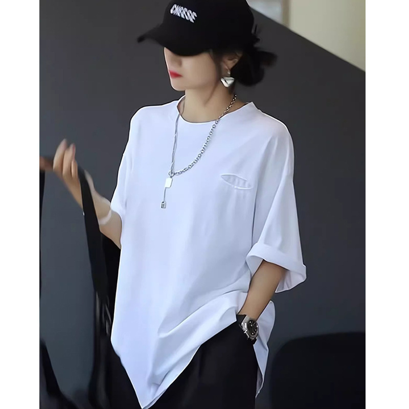 Short-sleeved T-shirt Women's Summer New Round Neck Skinny Flesh Covering Loose Top Mid-length CX6097