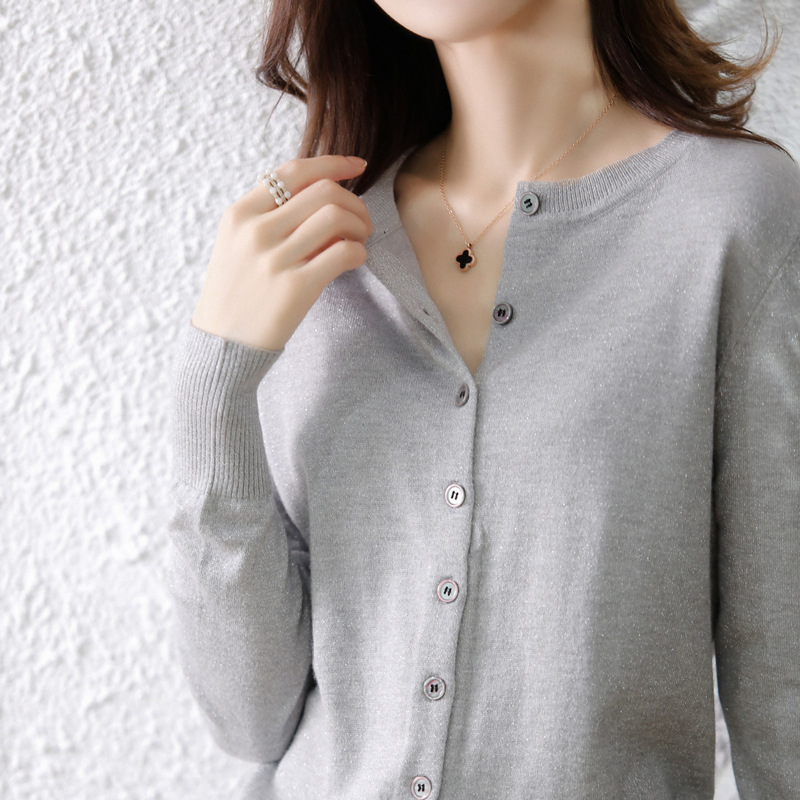 Stylish and versatile gold-thread knitted cardigan, women's round neck long-sleeved coat, new autumn style, dropshipping available.