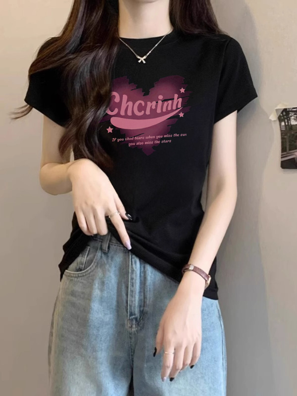 デザインニッチな右肩ピュアコットン半袖Tシャツレディース夏新作プリントスリムラウンドネックグレートップトレンディ|undefined