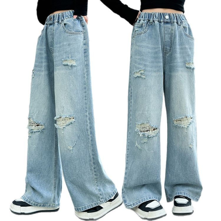Girls 25 Spring Ripped Label Denim Wide Leg Pants 2515 New Children's Miscellaneous European And American Jeans_voghion.com