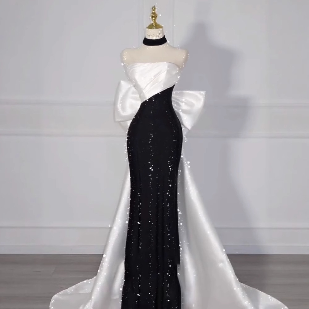 Black Strapless Evening Dress 2026 New Style Light Luxury Niche Banquet Host Waist-Cinching Fishtail Student Graduation Dress