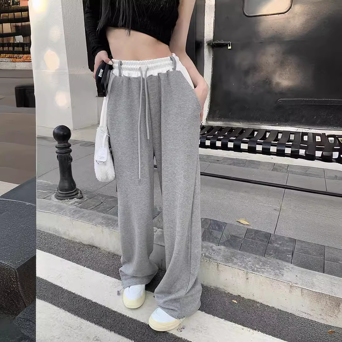 Cordón de costura deportes pantalones casuales verano de las mujeres cintura alta adelgazamiento versátil suelta pequeña pierna ancha tobillo atado pantalones de chándal image 3