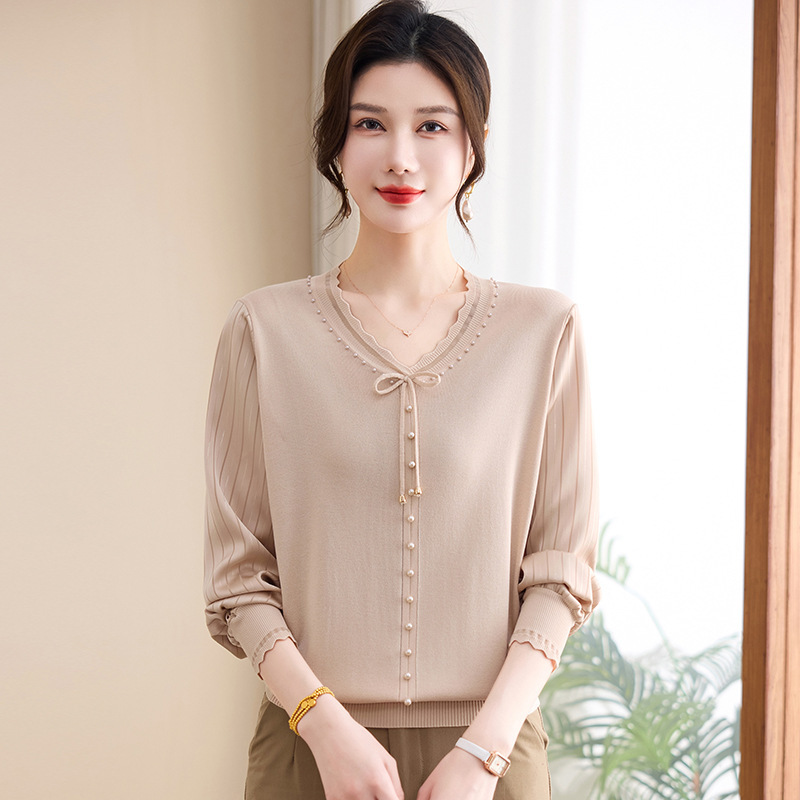 Fashionable Base Layer Tops for Moms, Middle-Aged Women's Spring Clothing, Long-Sleeve T-Shirts, Thin Knit Tops for Middle-Aged and Elderly Women for Spring and Summer