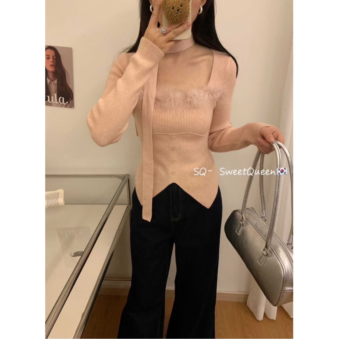 純欲の毛のつなぎ合わせの方襟のニットの女性の秋の新型の修身の小さい大衆のギャルの中でショートタイプの底の上着を掛けます。