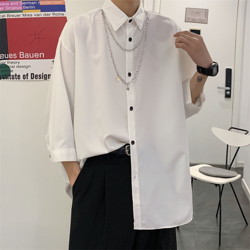 Men's Fashionable Pure Ribbon Necklace Loose Short-sleeved Korean Style Men's and Women's Dark Style All-match Seven-sleeve Shirt