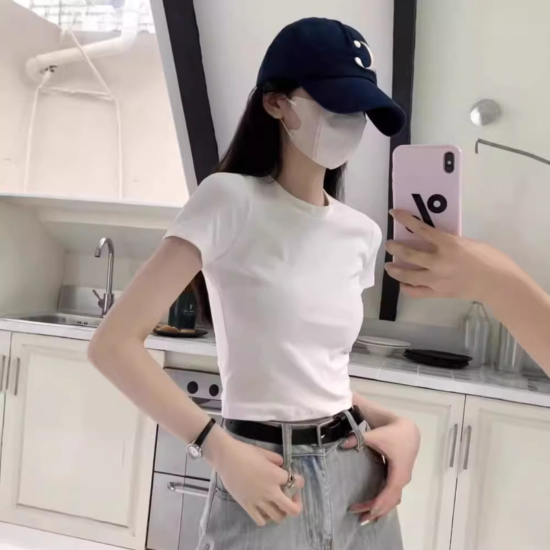 Heavyweight Fine Cotton Stretch 260g Small T-Shirt High-Waisted Slimming Short Top Versatile Solid Color Slim Fit Fashionable Round Neck Heavyweight Fine Cotton Stretch 260g Small T-Shirt High-Waisted Slimming Short Top Versatile Solid Color Slim Fit Fashionable Round Neck