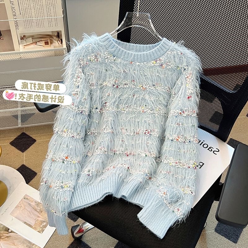 洋气彩色点点套头毛衣女士秋冬季新款时尚气质保暖毛绒针织衫上衣|undefined