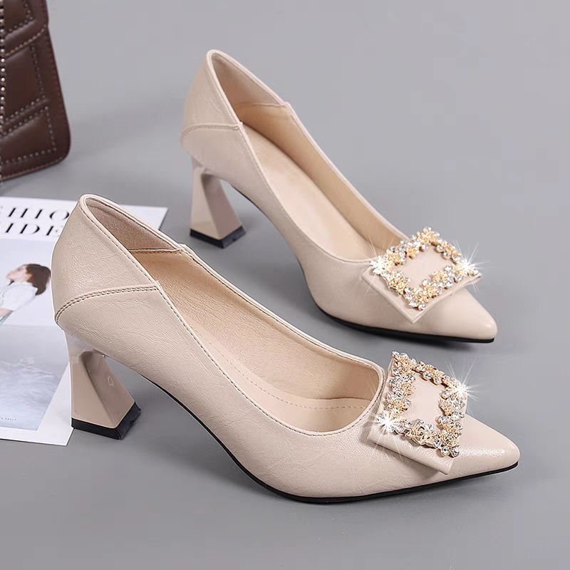 Real Soft Leather Pointed-Toe Women's High-Heeled Shoes 2024 New Style Rhinestone Soft Sole Versatile Elegant Work Shoes Small Leather Shoes