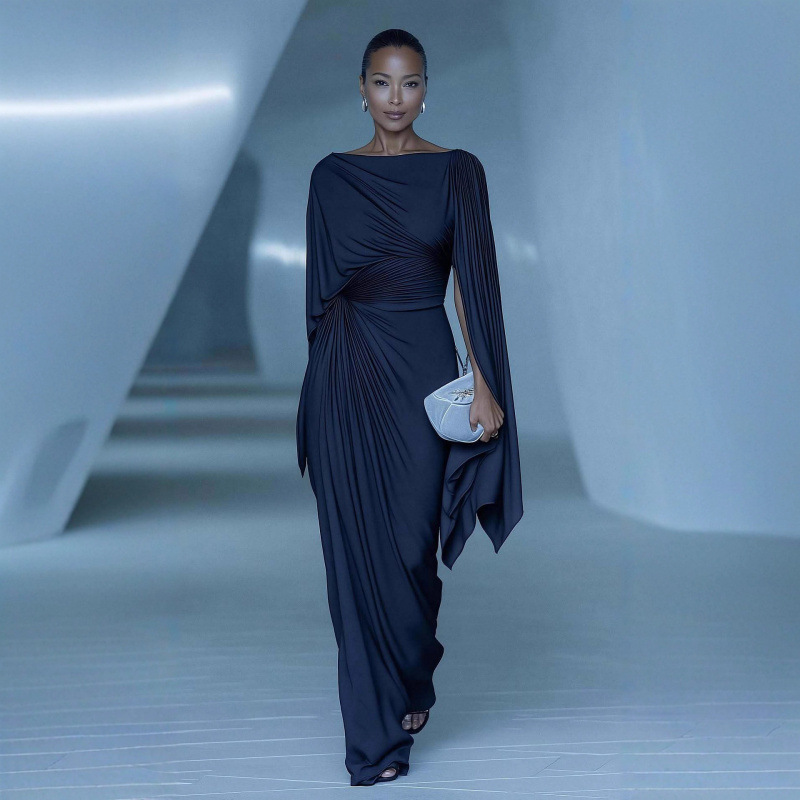 Independent Station Cross-Border Foreign Trade European and American Clothing One-Line Collar Satin Pleated Slim Fashion Banquet Dress Dress for Women