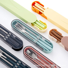 304不锈钢便捷式餐具套装勺叉筷三件套学生带盒子抽拉折叠式餐具