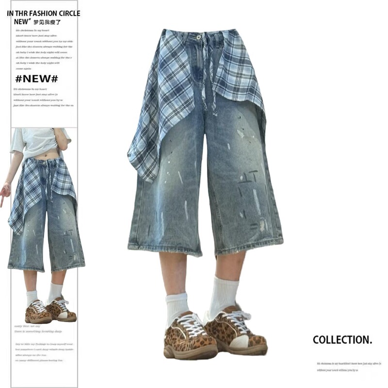 Plus-Size American Retro Design Ink-Splattered Cropped Jeans for Women, New Summer Style, Loose Straight Wide-Leg Mid-Length Pants