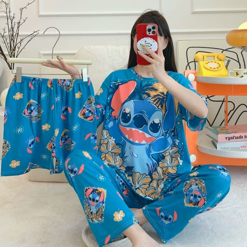 Pijamas de verano transfronterizos pijamas de leche de seda de tres piezas set de dibujos animados comercio exterior ropa para el hogar pantalones de mangas cortas lindos