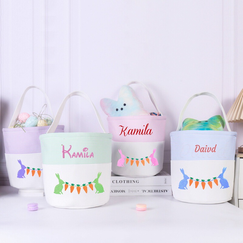 Etsy Personalized Embroidered Easter Basket Striped Storage Basket Versatile Seersucker Striped Canvas Egg Tote Bag