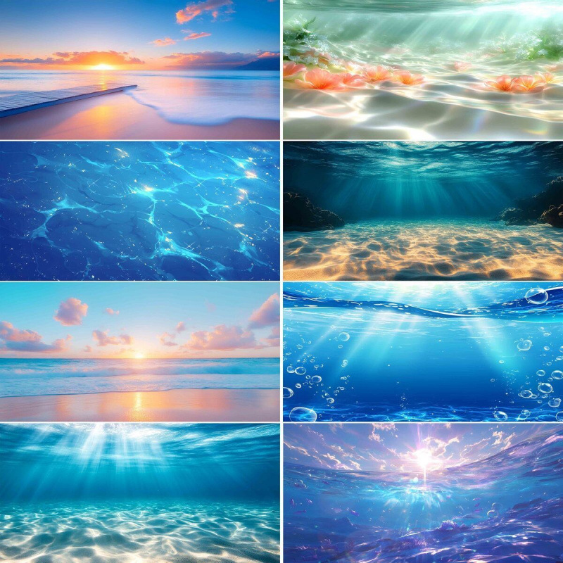 鱼缸背景贴画海洋阳光海水画高清钉制水族箱造景装饰缸外