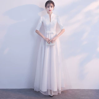 宴会晚礼服女2026新款显瘦优雅长款聚会端庄大气主持人白色礼服