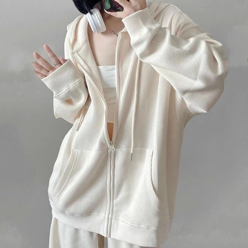 华夫格连帽卫衣女秋oversize宽松薄款拉链开衫外套秋季加绒加厚|undefined