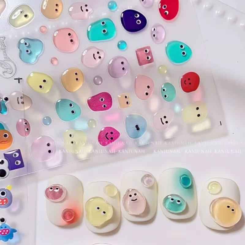 Nail Art Dopamine Embossed Stickers Lines Circles Tulips Letters Hearts 3D Japanese Style Adhesive Cute
