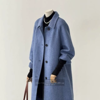 蓝色双面羊毛大衣女秋冬高级感超好看长款毛呢外套