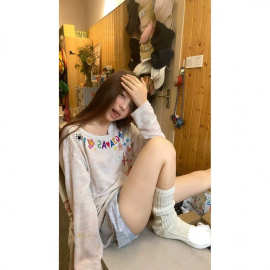现货 美式慵懒风彩色涂鸦印花长袖t恤女设计感抽绳夏季防晒罩衫