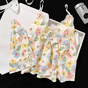 Pajamas with Breast Pads for Women, Summer Sweet Lace Suspenders, High-End Thin Sweet Student Large Size Home Wear Set