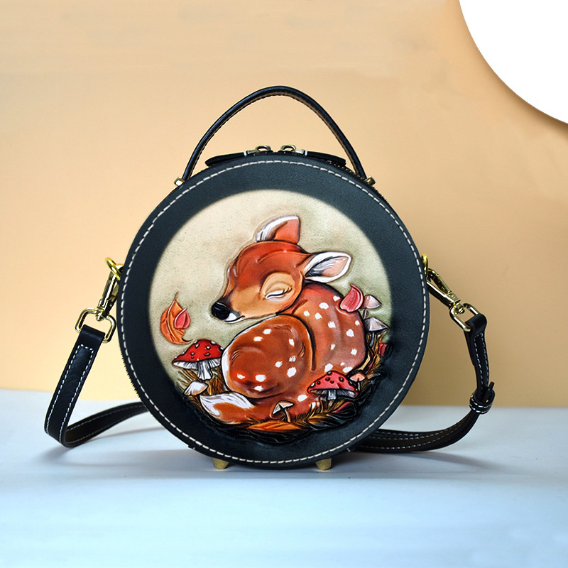 Tiaopijiang Women's Crossbody Bag - Summer Versatile Small Round Handbag, Designer Niche Genuine Leather Hand-Carved Bag - Thumbnail 2