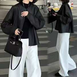 韩系超火宽松休闲黑色皮衣外套春装女款2025新款小个子超好看上衣