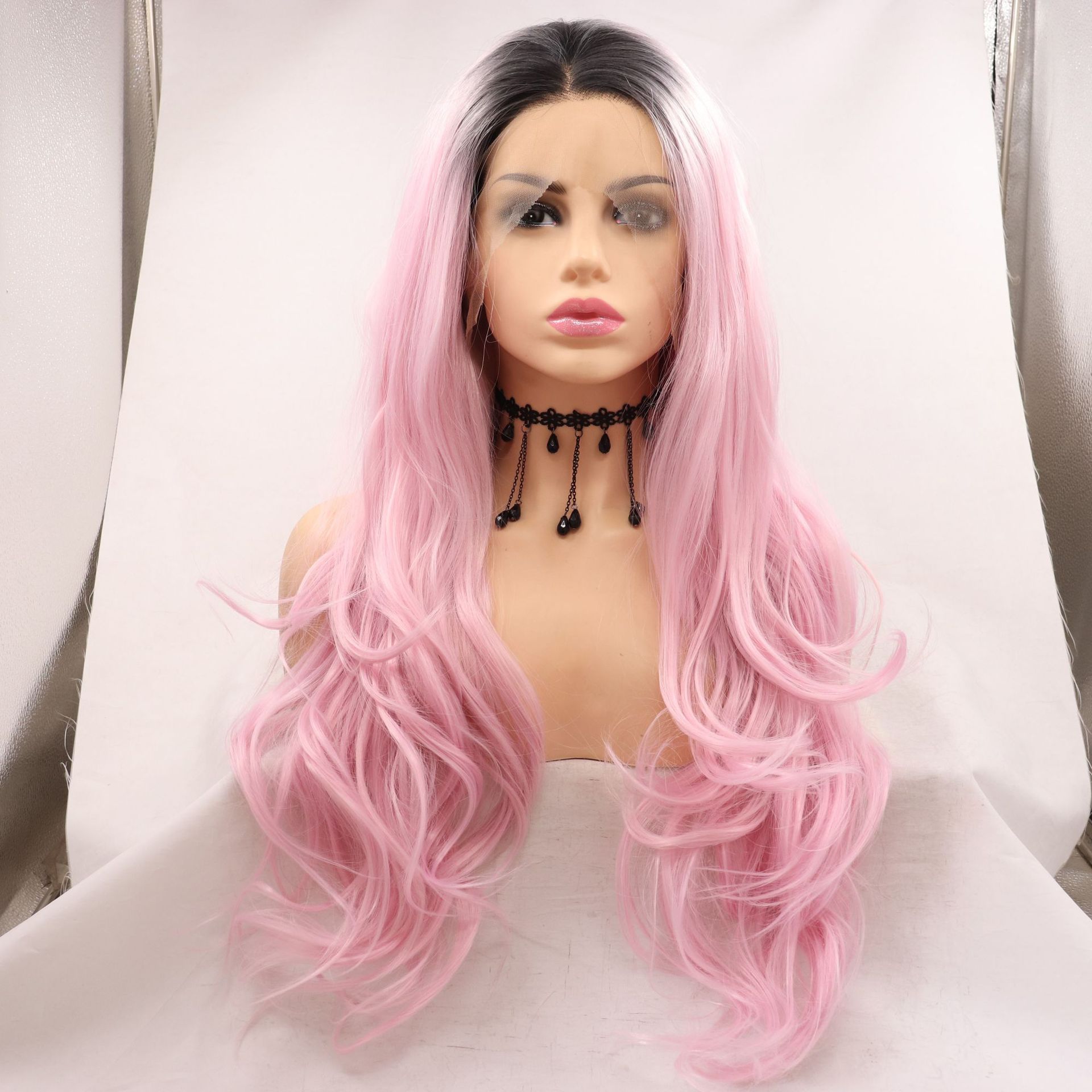 NEW LOOK20221 transfronterizo para mujeres europeas y estadounidenses pelucas cubierta de cabello teñido de fibra química cabello rizado largo color rosa