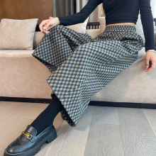 阔腿裤秋女垂感2024冬新款黑白花格休闲运动九分毛呢阔腿裤A1942