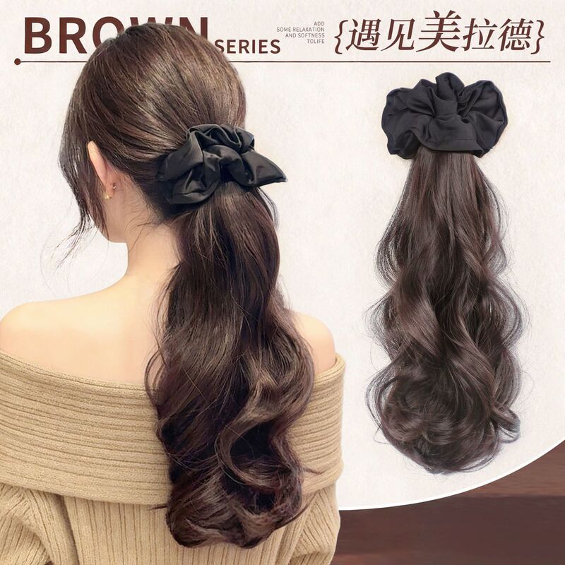 Relaxed Style Low-Tied Big Wavy Ponytail Wig, Black Hair Tie, Hair Accessory, Seamless Hair Extension, Fake Braid