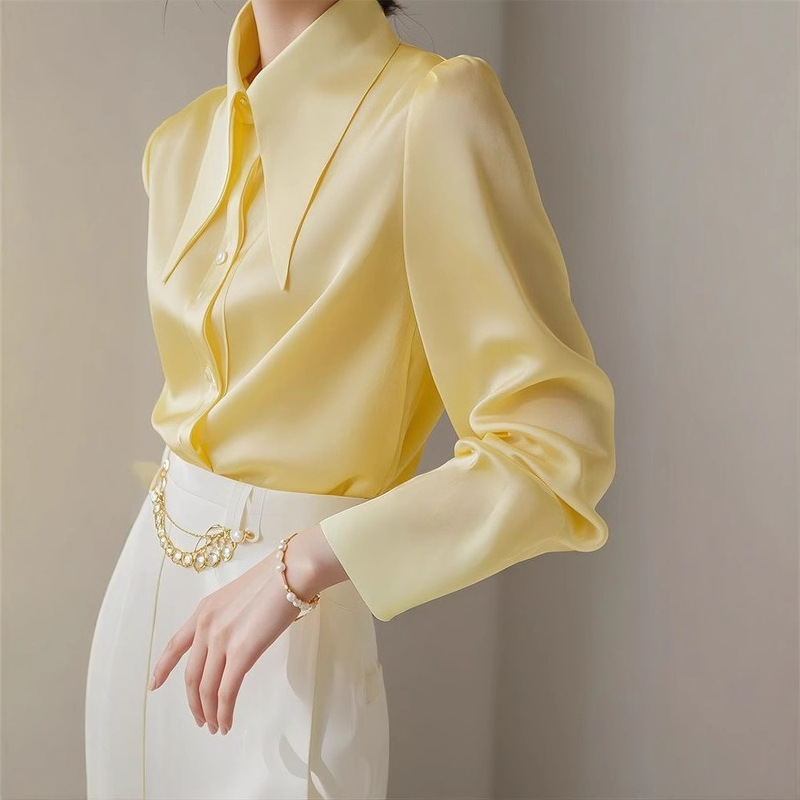 2025 New Large Top with Pointed Collar Spring and Autumn Beautiful Yellow Women's Design Niche French Light Mature Long Sleeve Shirt 2025 New Large Top with Pointed Collar Spring and Autumn Beautiful Yellow Women's Design Niche French Light Mature Long Sleeve Shirt