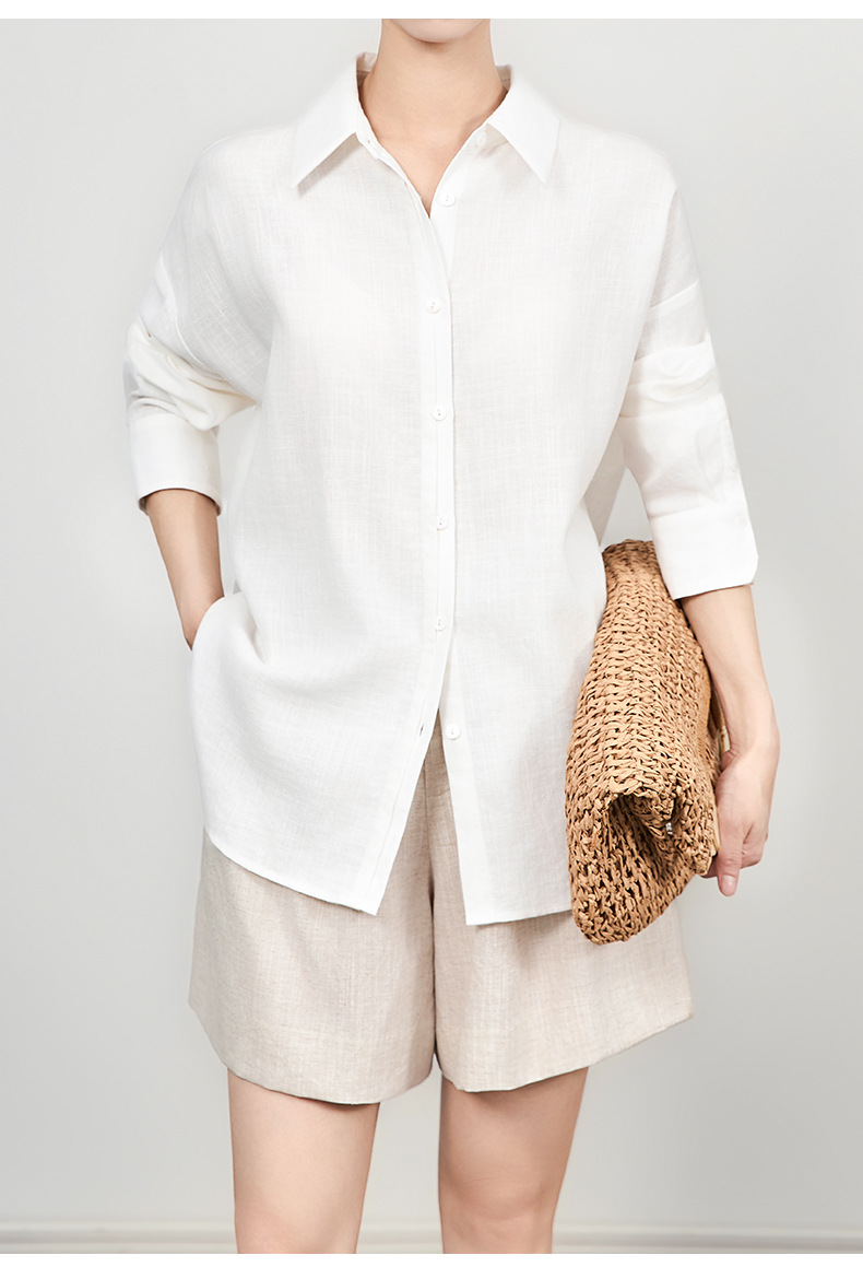 Áo sơ mi nữ linen tay dài cổ bẻ phong cách tiền cũ — Màu trắng chi tiết 10
