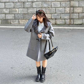 【云灰软糖】百搭韩系牛角扣连帽长款羊毛大衣外套YZ13