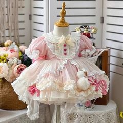 女童洛丽塔粉色蓬蓬公主裙短袖周岁女宝宝礼服洋装宫廷风连衣裙