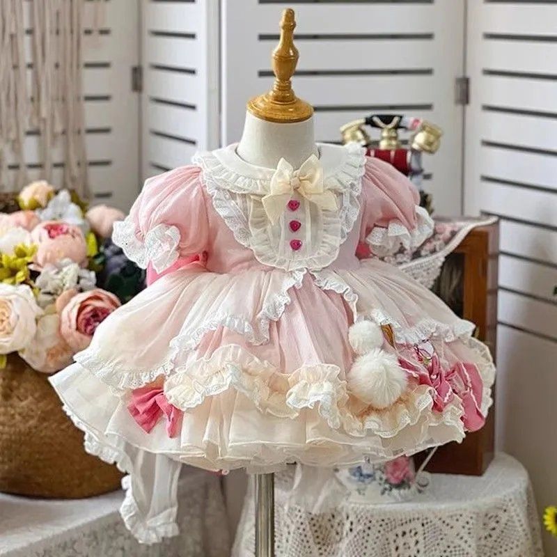 Girls Lolita Pink Fluffy Princess Dress Short-Sleeved One-Year-Old Baby Girl Dress Palace Style Dress