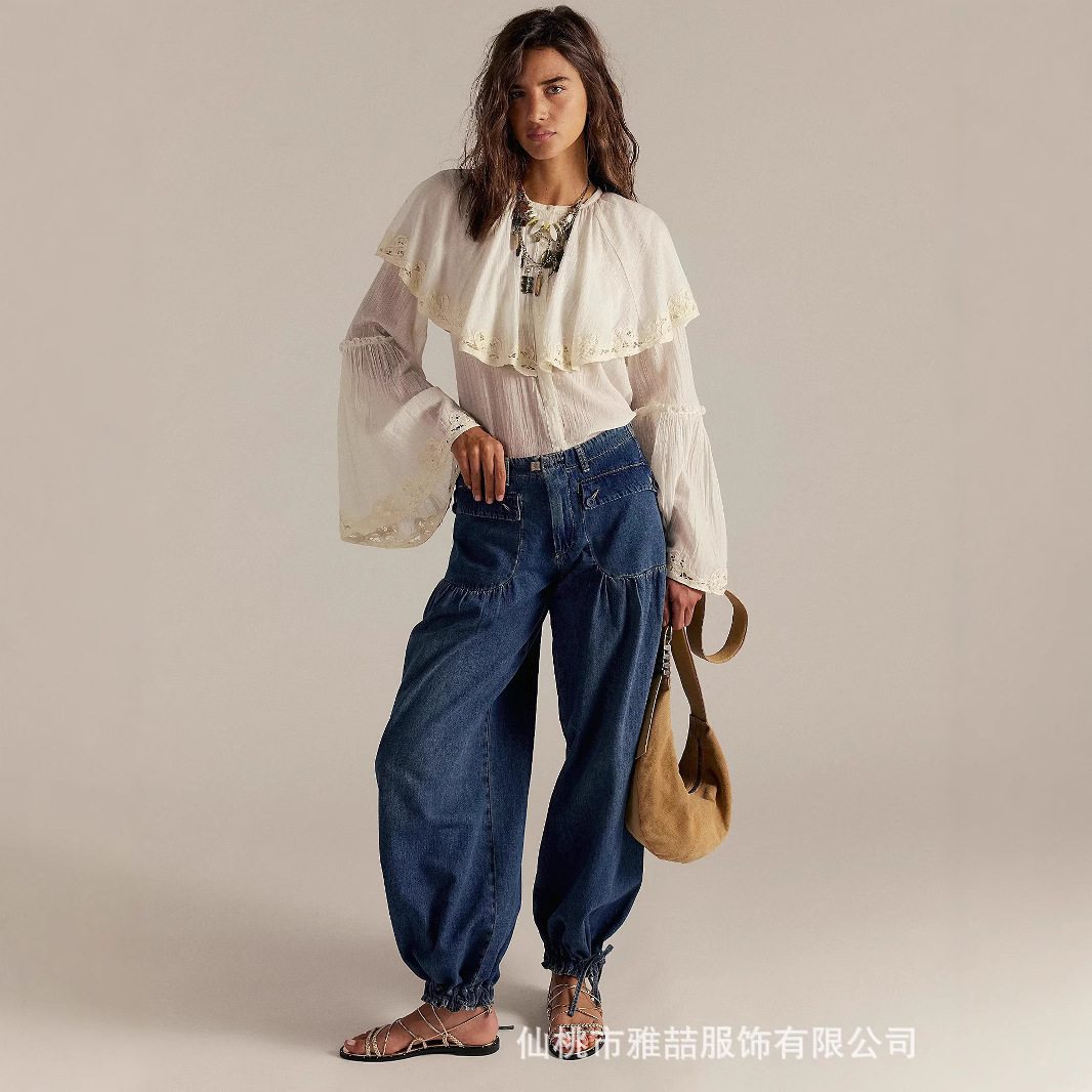 2025 Independent Station New Pleated Mid-Waist Loose Wide-Leg Lotus Jeans for Women