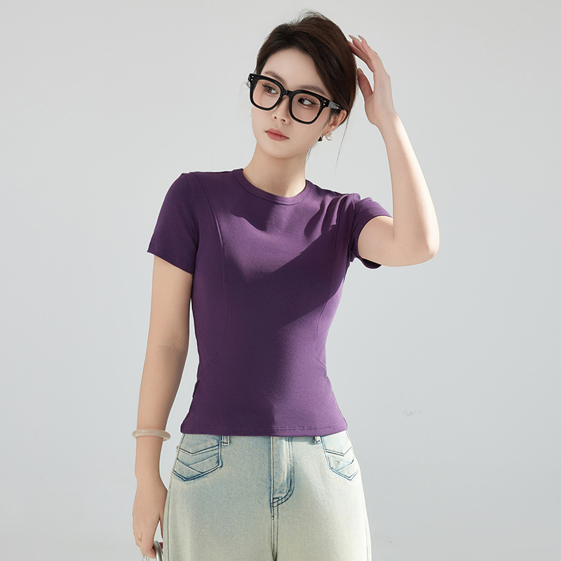Summer New Style Purple Short-Sleeve T-Shirt, Regular Shoulder Fit, Slim-Fit, Slimming Knit, Double Side Stitching, Small Round Neck, Non-Iron Summer New Style Purple Short-Sleeve T-Shirt, Regular Shoulder Fit, Slim-Fit, Slimming Knit, Double Side Stitching, Small Round Neck, Non-Iron