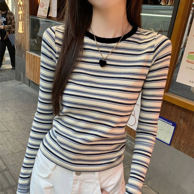 跨境现货时尚复古撞色条纹长袖内搭上衣女秋冬款正肩显瘦圆领打底