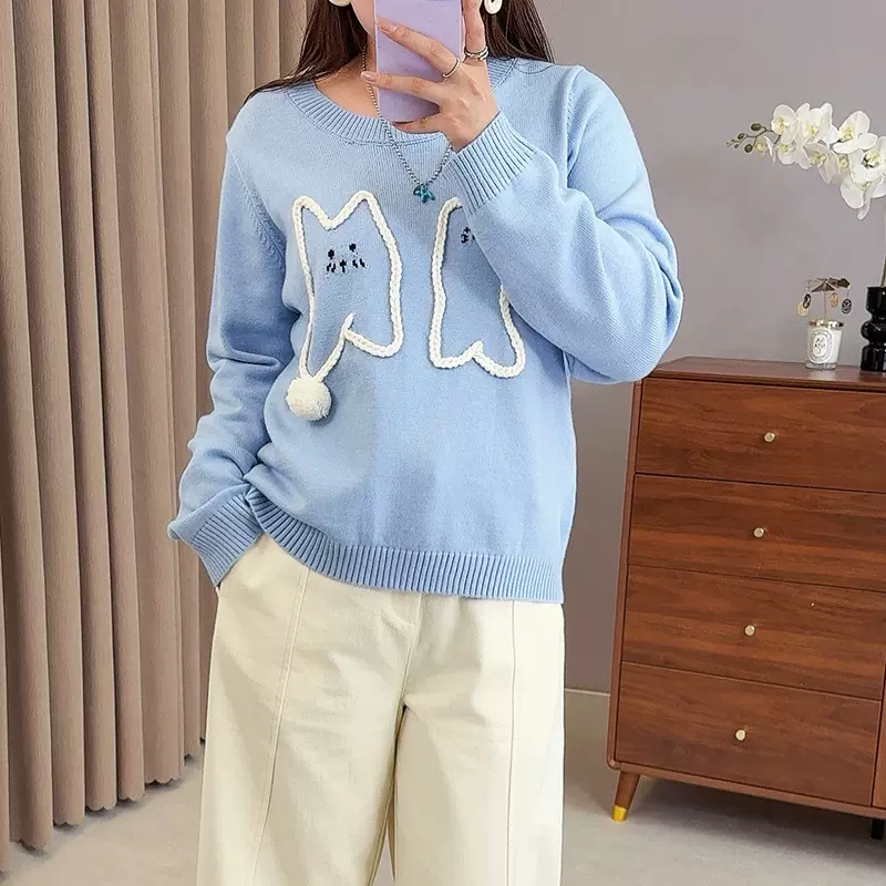 双天2025秋季新款大码胖mm女装舒适休闲卡通小猫圆领套头毛衣F569