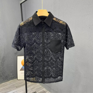 New Hollow Design Casual Short-sleeved Shirt Men's High-end Trendy Brand Pluck Handsome Shirt All-match Loose Summer Top