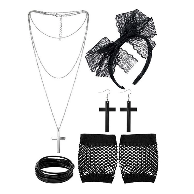 Трансграничные горячие продажи Европа и Америка 80-х годов Ball Party Черные перчатки для рыболовной сети Крест Ожерелье Браслет Кружевная повязка на голову