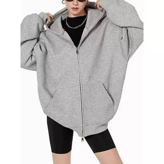 American Retro Heavyweight Gray Sweatshirt Cardigan Women's Hooded Jacket Autumn and Winter Solid Color Loose Casual Versatile Top Trendy