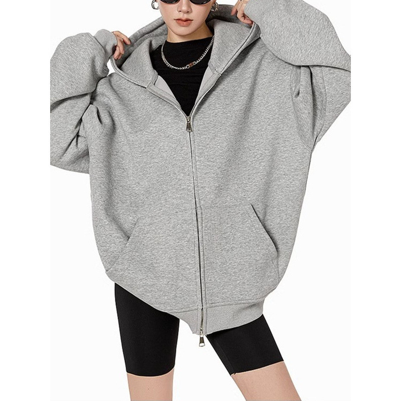 American Retro Heavyweight Gray Sweatshirt Cardigan Women's Hooded Jacket Autumn and Winter Solid Color Loose Casual Versatile Top Trendy American Retro Heavyweight Gray Sweatshirt Cardigan Women's Hooded Jacket Autumn and Winter Solid Color Loose Casual Versatile Top Trendy