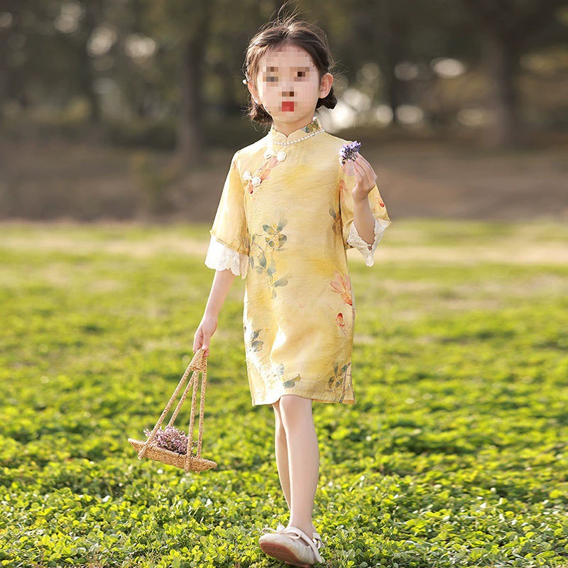Желтое летнее платье Cheongsam для девочек, детский костюм Тан в китайском стиле с цветочным принтом в стиле ретро, династия Хань, маленькая девочка, дети среднего и старшего возраста