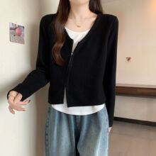 双拉链短款正肩打底衫女秋冬大码新品遮肉显瘦假两件长袖恤上衣黑